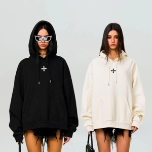 Damen Baumwolle Hoodie Oversized Lockerer Schnitt Langarm Kreuzgrafik Streetwear Casual Sweatshirt Kängurutasche Seitenreißverschluss