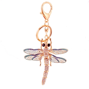 Dragonfly keychain in rose gold with sparkling rhinestones and enamel wings