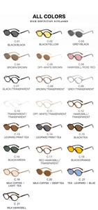 Grid display of oval retro sunglasses in 22 colors including black and tortoise shell