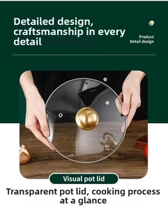 Detail of tempered glass lid with golden handle and stainless steel rim for cooking pot