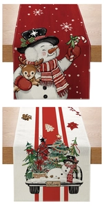 Detail of Christmas table runner with snowman, reindeer and vintage truck patterns