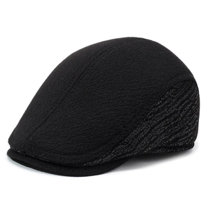 Men's wool flat cap in black with tiger stripe knit panel for winter warmth