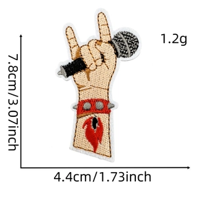 Rock hand gesture patch with microphone embroidery and 7.8x4.4cm size measurements