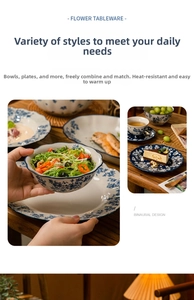 Detailed close-up of blue and white floral ceramic dinnerware set on a rustic wooden table