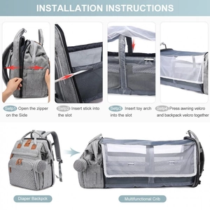 Detailed assembly guide for gray diaper backpack and portable travel baby crib