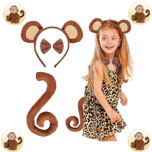 Detailed components of a brown monkey costume set with headband, bowtie, and long tail