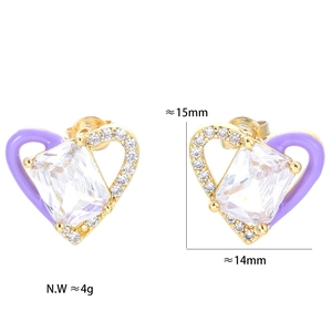 Macro detail of purple heart earrings with gold base showing 15mm by 14mm size specs