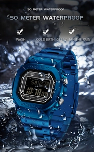 Close-up of blue digital sports watch with 50m waterproof splash and macro water effect