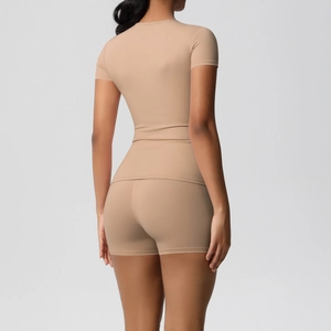 Slim fit high elastic sports set for women with short sleeve top and matching shorts in beige