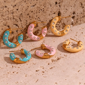 18K gold plated C-shape donut earrings with colorful enamel and sparkling rhinestones