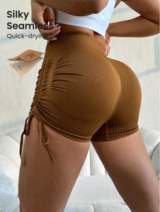 Short de Yoga Taille Haute pour Femmes Sans Couture à Côtes Entraînement Gym Fitness Scrunch Butt Lifting Cordon Coulissant Latéral