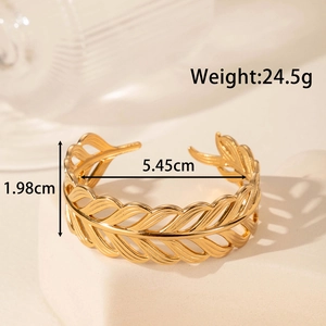 Golden heart-shaped textured open bracelet with elegant leaf patterns for women