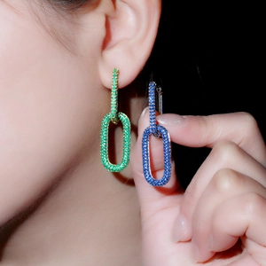 Chic geometric link earrings with green and blue pave-set zircons in 18K gold plated copper