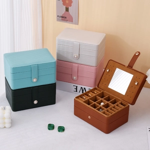 Detail view of multi-layer PU leather jewelry boxes with vanity mirror and earring plate