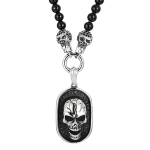 Gothic skull pendant necklace with black agate beads and retro stainless steel details