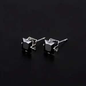 Minimalist silver stainless steel stud earrings featuring black square-cut zircon stones