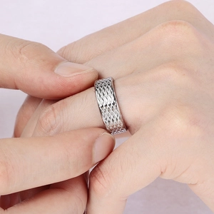 Polished silver stainless steel wide band ring with cutout mesh pattern for unisex