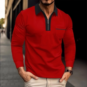 Detail of red long sleeve men's polo shirt with black zipper collar and pocket