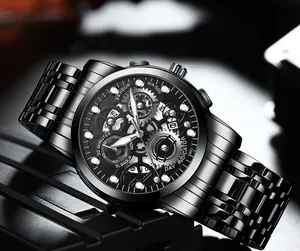 Macro shot of black stainless steel chronograph watch with hollow dial and water resistance