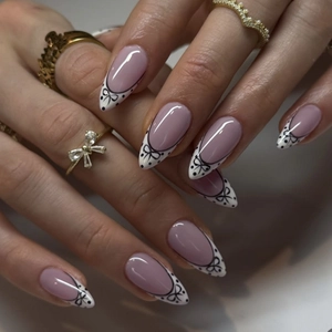 French Style White Press On Nails With Black Bowknot And Polka Dot Patterns Almond Shape Removable Artificial False Nails For Women Daily Decor