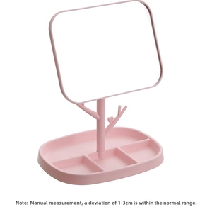 Pink makeup mirror with jewelry organizer base and branch shaped hanging holder
