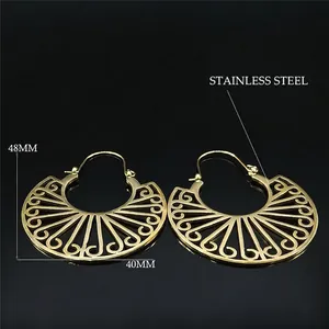 Bohemian gold stainless steel fan earrings with intricate vintage filigree hollow design