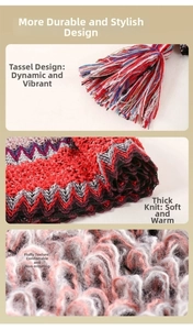 Detailed view of thick wave knit scarf featuring colorful tassel trim and soft fluffy texture