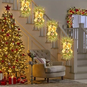 Christmas Teardrop Swag Pre Lit Artificial Pine Needle Garland With LED Lights Large Fabric Bow Pine Cones Ball Ornaments For Stair Railing Front Door Wall Holiday Home Decor