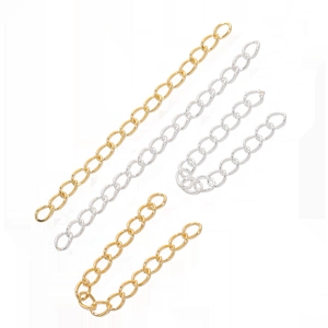 Detail of gold and silver jewelry extension chains in various lengths for DIY crafting
