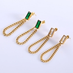 Minimalist 18K gold plated stainless steel chain earrings with emerald and clear zircon