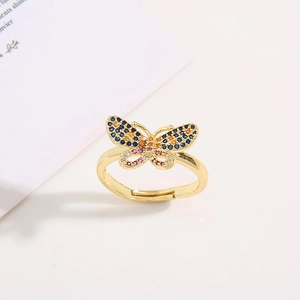Adjustable gold plated brass butterfly ring with multi-colored cubic zirconia inlay
