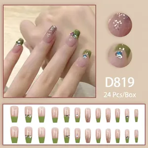 Detail of green French tips and rhinestones on 24pcs press-on nails set D819