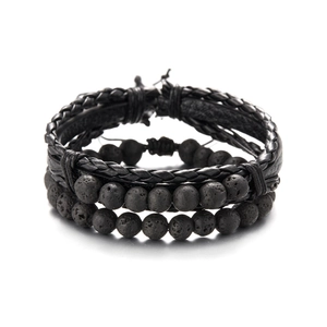 Three-piece set of black braided leather and lava stone beaded bracelets for men