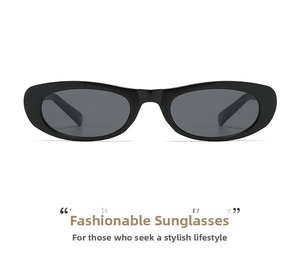Detail view of oval black sunglasses with high-quality sleek plastic frame and dark lenses