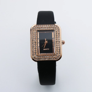 Square quartz watch for women with rose gold rhinestone case and black leather strap