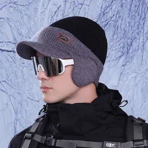 Men Winter Knitted Baseball Cap With Earflaps Acrylic Plush Lining Windproof Outdoor Cycling Bicolor Hat