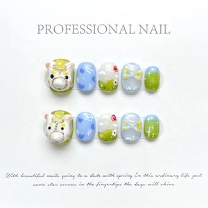 Handmade 3D Cartoon Animal Zodiac Horse Press On Nails Spring Blue Green White Glossy Bow Floral Heart Decor Reusable
