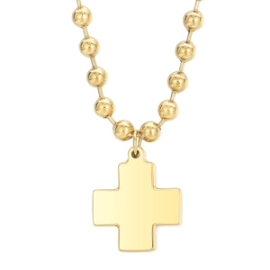 Polished golden titanium steel beaded chain necklace with large cross pendant