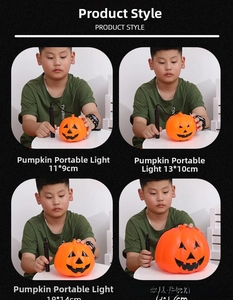 Detailed view of Jack-o'-lantern pumpkin lamps in four sizes with black handles for Halloween