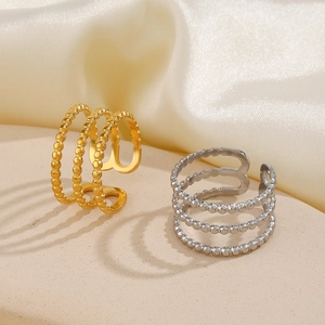 Three-layer beaded line stackable open rings in gold and silver stainless steel
