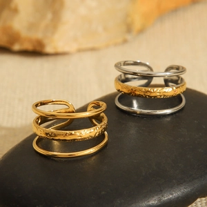 Three-layer 18K gold plated stainless steel open ring with textured hammered finish
