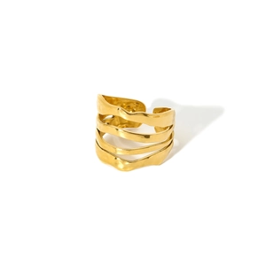 Detailed view of layered wavy 18K gold-plated stainless steel multi-strand open ring