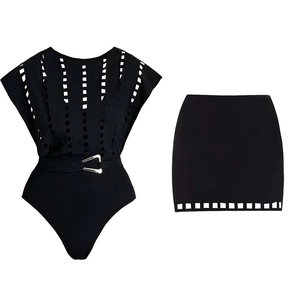Sexy black two-piece swimsuit set with cutout design and belted mini skirt for women