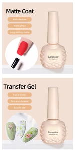 Close-up of 10ml matte top coat and transfer gel bottles with nail art effect display