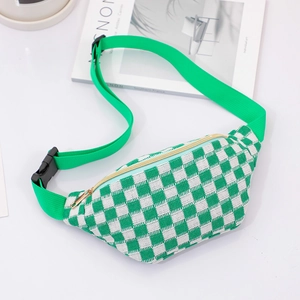 Detail of green checkerboard fanny pack with gold zipper and adjustable buckle strap
