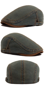 Detailed views of denim ivy cap featuring orange stitching and adjustable metal buckle