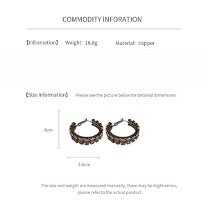 Detailed size chart and material specs for vintage zircon vertical hoop earrings