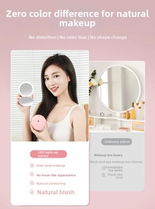 Pink portable LED makeup mirror with ring light showing foldable design and natural lighting