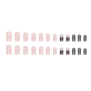 Christmas reindeer press-on nails with pink glitter and deer antler art long square shape