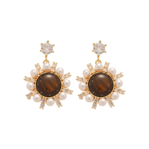 Vintage gold tiger eye stud earrings with pearls and zircons in a sunburst flower design